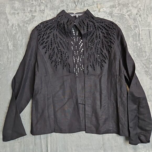 Jennifer Jackets & Blazers - Jennifer Eden sz 14 Cutout Jacket linen rayon cardigan long sleeve Black